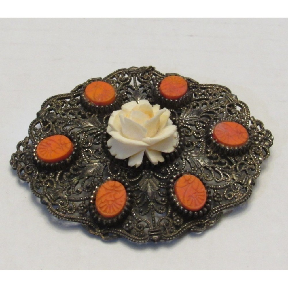 Vintage Filigree Salmon Pink Coral ? Brooch Pin Victorian Floral Rose Old Money